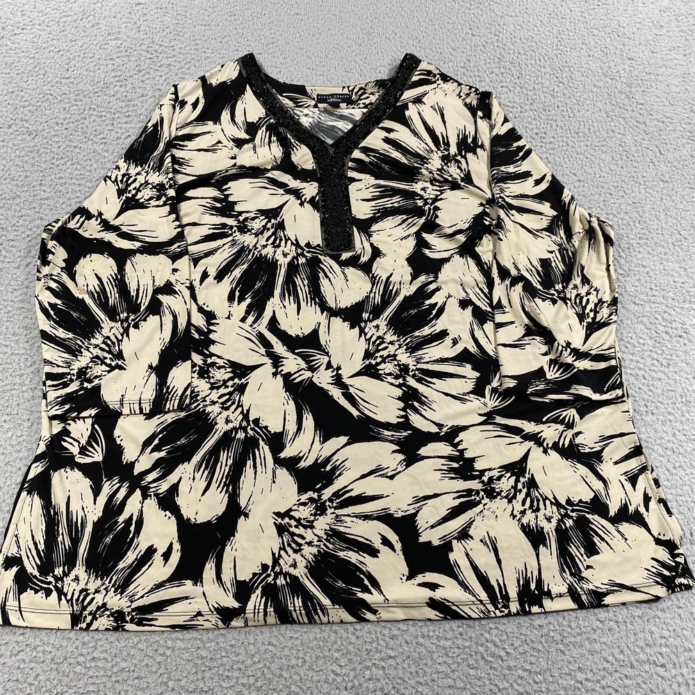 Susan Graver Shirt Womens 3X Black Beige Floral Beaded Stretch Top Plus